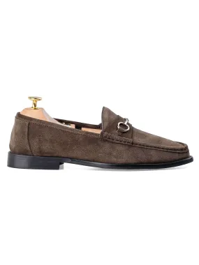 Mario Horsebit Moccasin Loafer - Dark Brown Suede Leather (Silver Buckle)